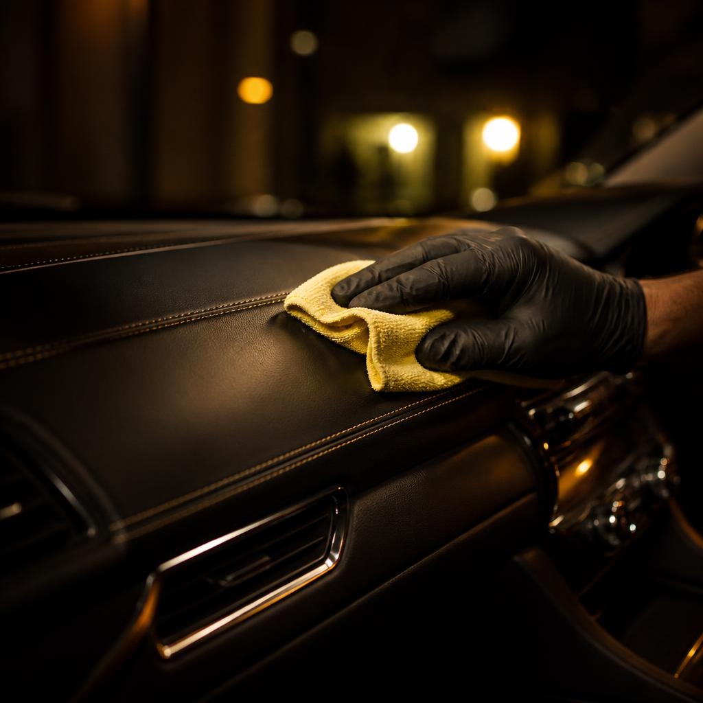 Interior detail — leather dashboard being wiped