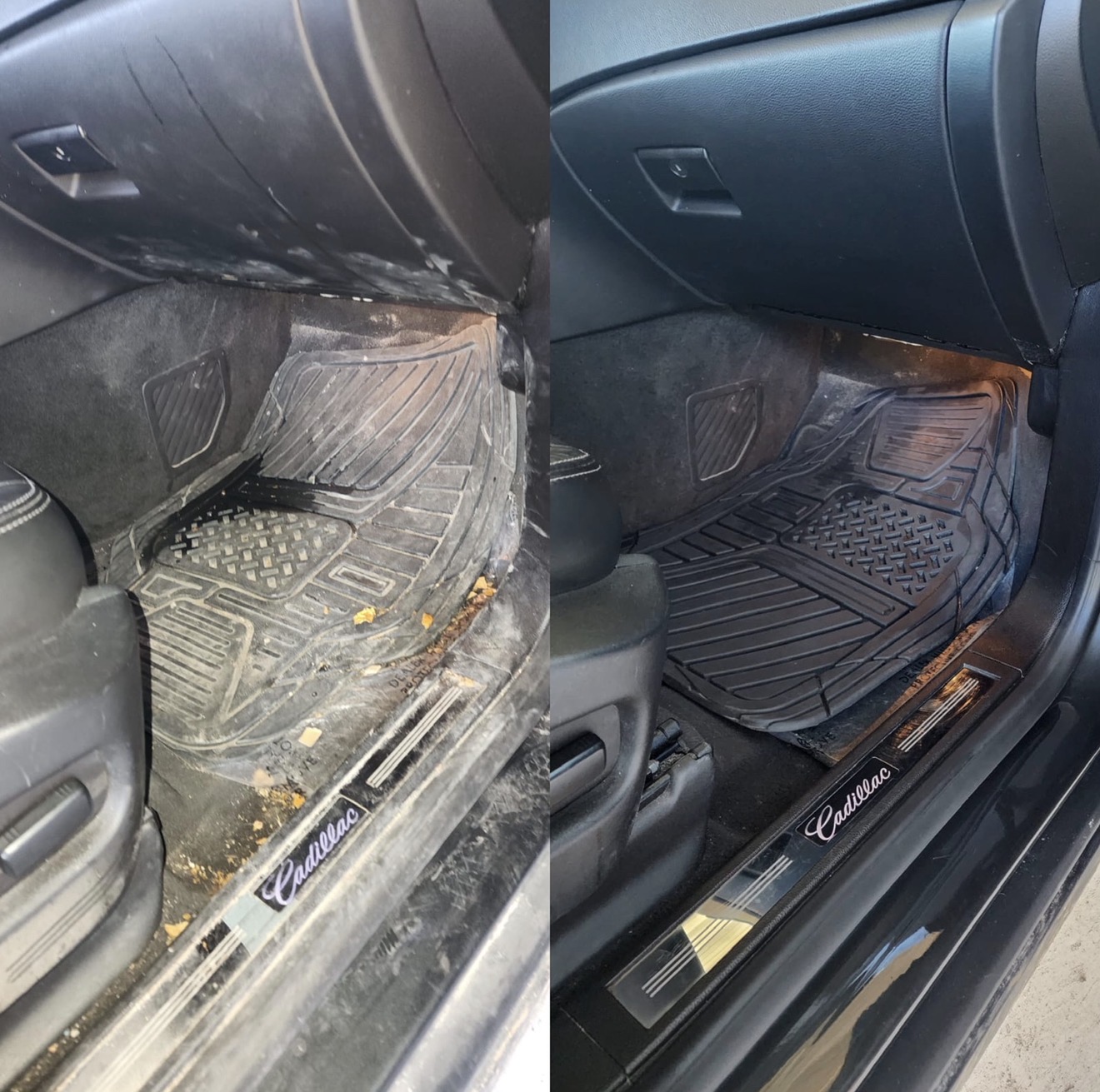 Cadillac interior — driver floor and door sill before and after an interior detail
