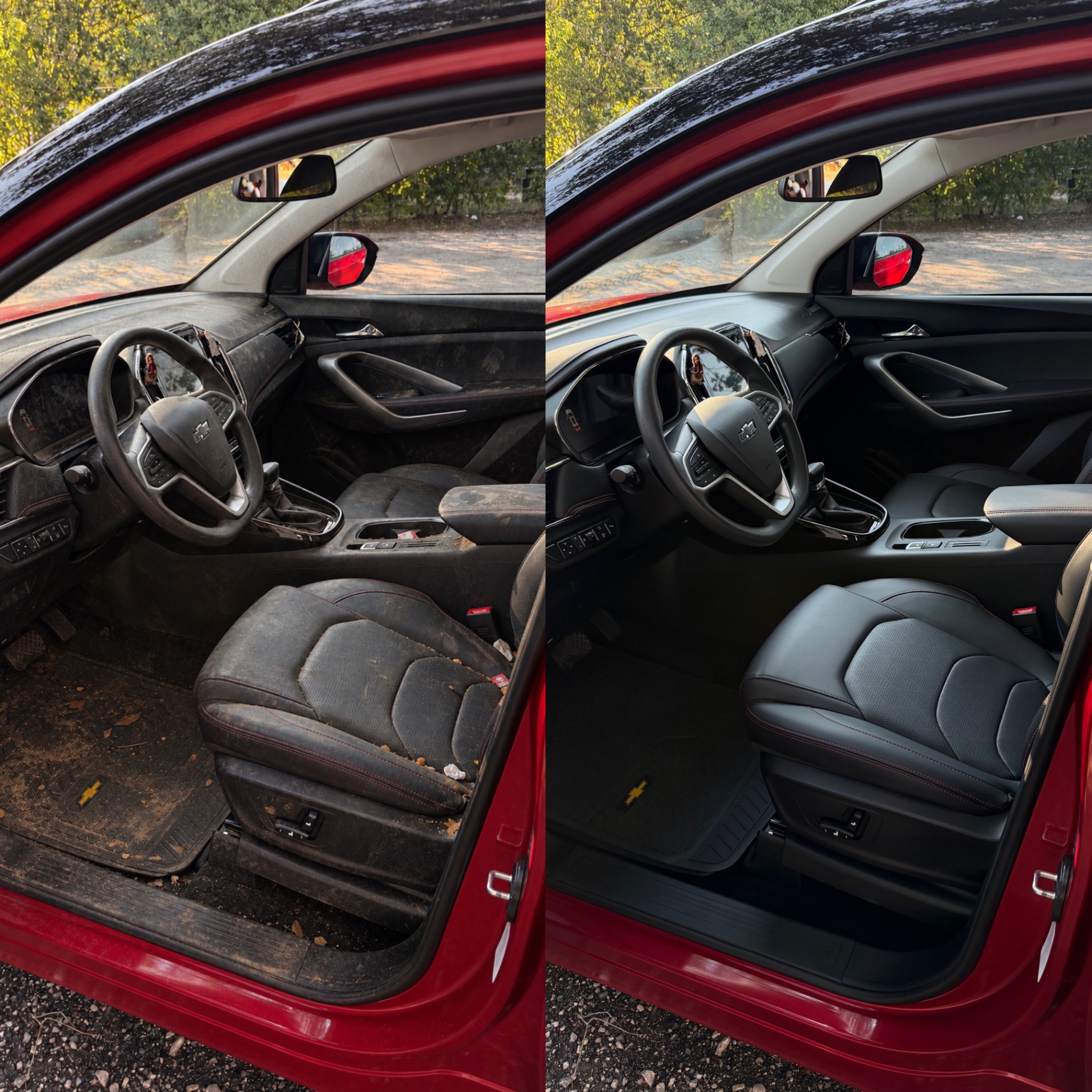 Chevrolet interior — muddy seats and floor before and after an interior detail